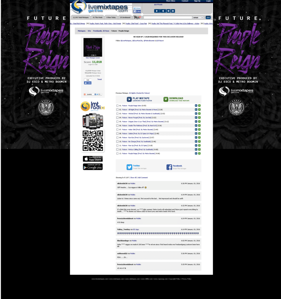 Screen Shot of LiveMixtapes in January 2016